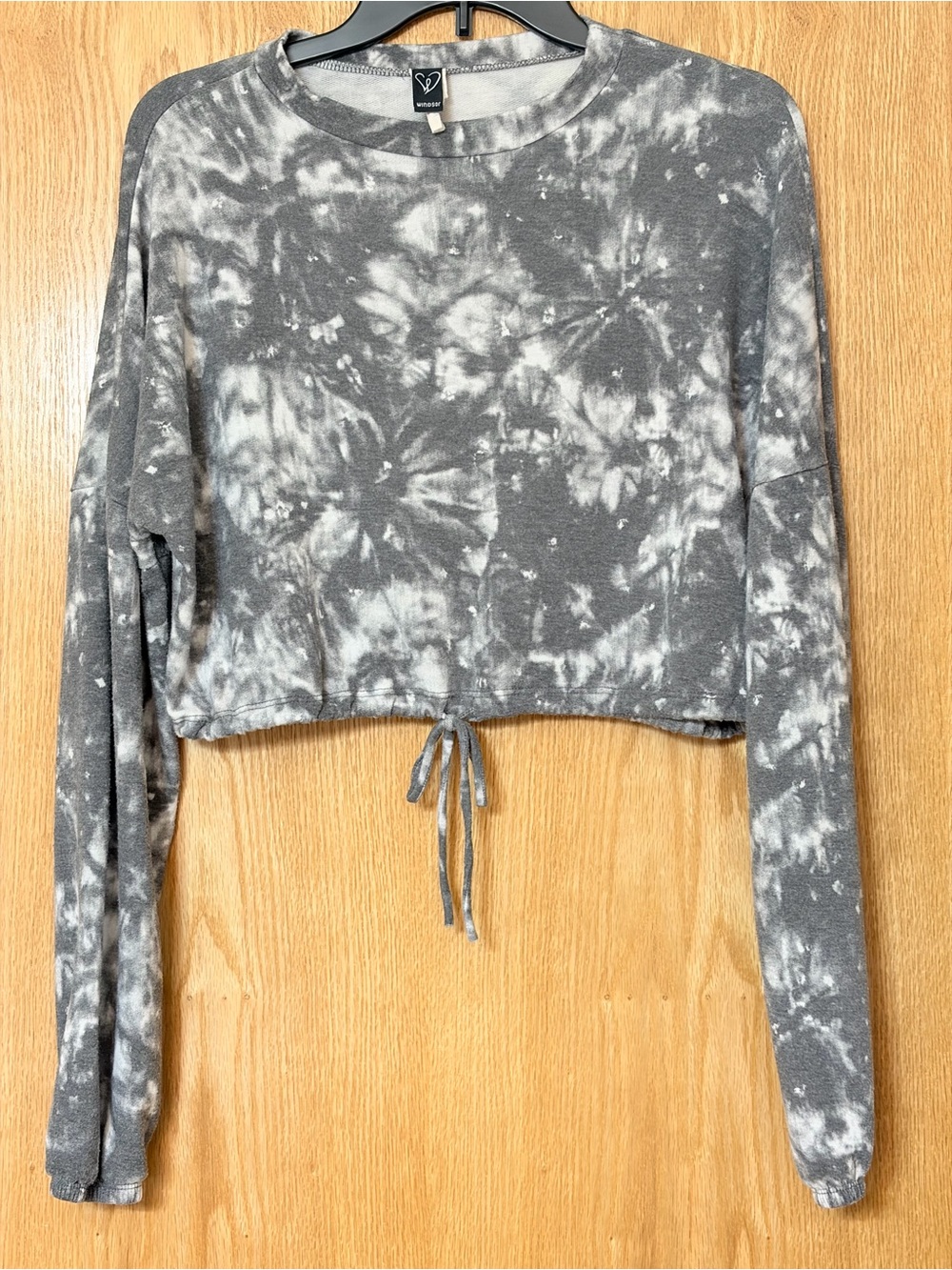 Windsor  Gray and White Tie-Dye Cropped Drawstring Top